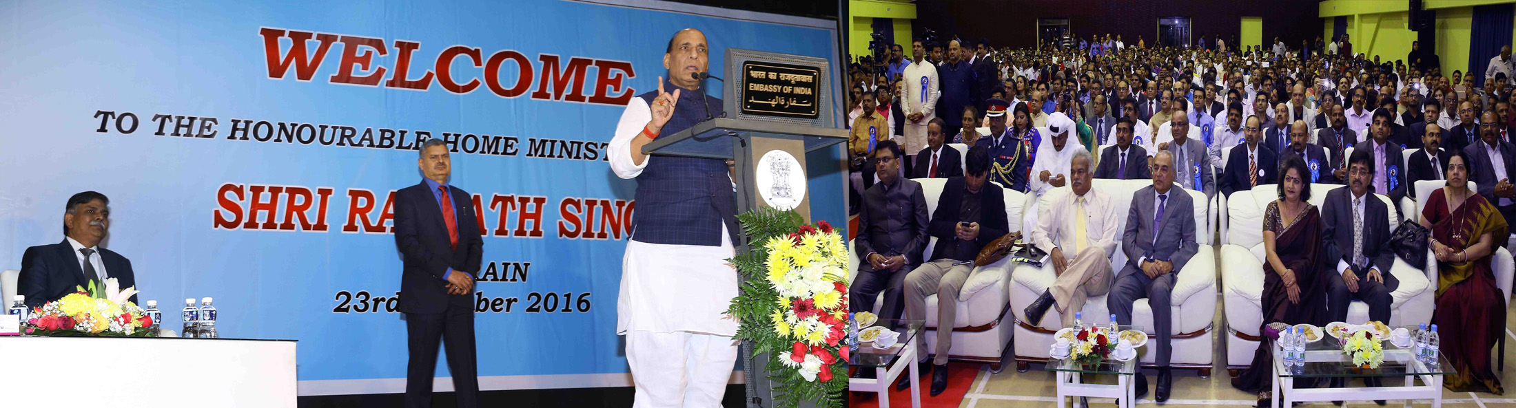 The Union Home Minister, Shri Rajnath Singh addressing the Indian community, in Manama, Bahrain on October 23, 2016.