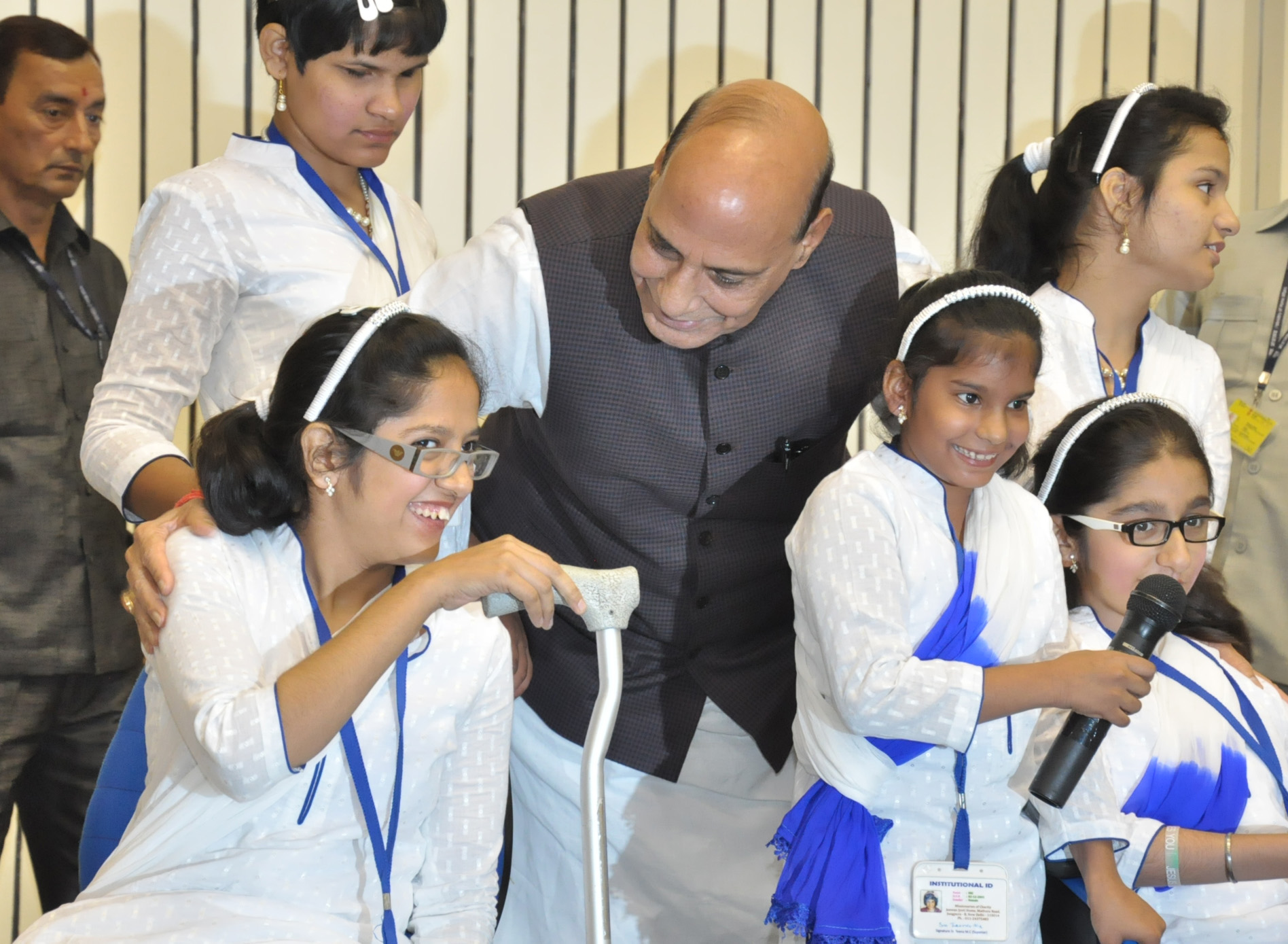 The Union Home Minister, Shri Rajnath Singh sharing a lighter moment with the differently-abled children, at the celebration to commemorate the Canonization of Saint Mother Teresa, in New Delhi on October 19, 2016.