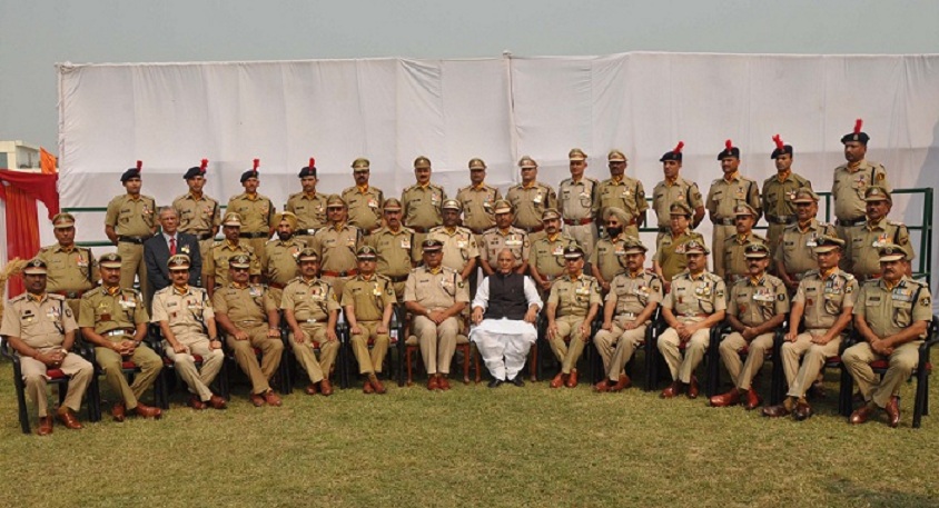 The Union Home Minister, Shri Rajnath Singh with the awardees, at the Indo-Tibetan Border Police (ITBP) 55th Raising Day Parade, in Greater Noida, Uttar Pradesh on October 28, 2016.