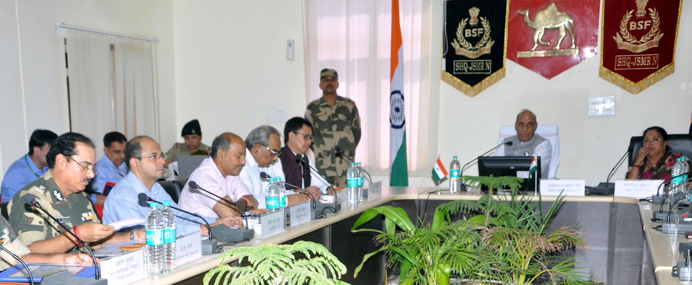 The Union Home Minister, Shri Rajnath Singh chairing a meeting with the Chief Ministers/ Home Ministers of Rajasthan, Gujarat, Punjab & J&K for sealing of Indo-Pak border, in Jaisalmer on October 07, 2016. The Chief Minister of Rajasthan, Smt. Vasundhara Raje Scindia, the Minister of State for Home Affairs, Shri Kiren Rijiju, the Union Home Secretary, Shri Rajiv Mehrishi, the Secretary (Border Management), Shri Susheel Kumar and senior officers of MHA and BSF are also seen.