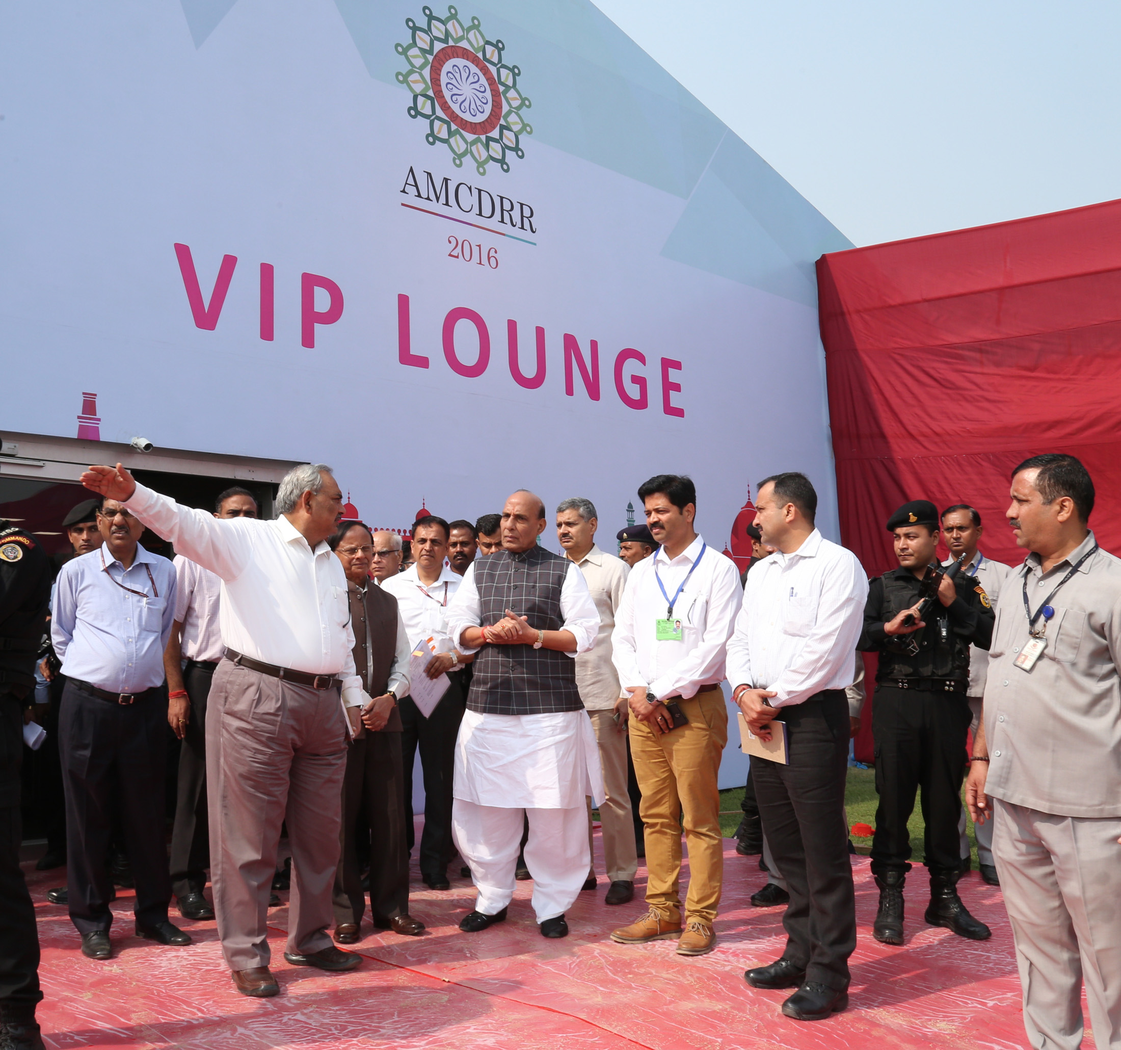 The Union Home Minister, Shri Rajnath Singh visiting the venue of Asian Ministerial Conference on Disaster Risk Reduction 2016, to inspect the preparedness for the upcoming conference, in New Delhi on November 01, 2016. 	The Additional Principal Secretary to the Prime Minister, Dr. P.K. Mishra, the Union Home Secretary, Shri Rajiv Mehrishi, the Member, NDMA, Shri R.K. Jain and other senior officers are also seen.