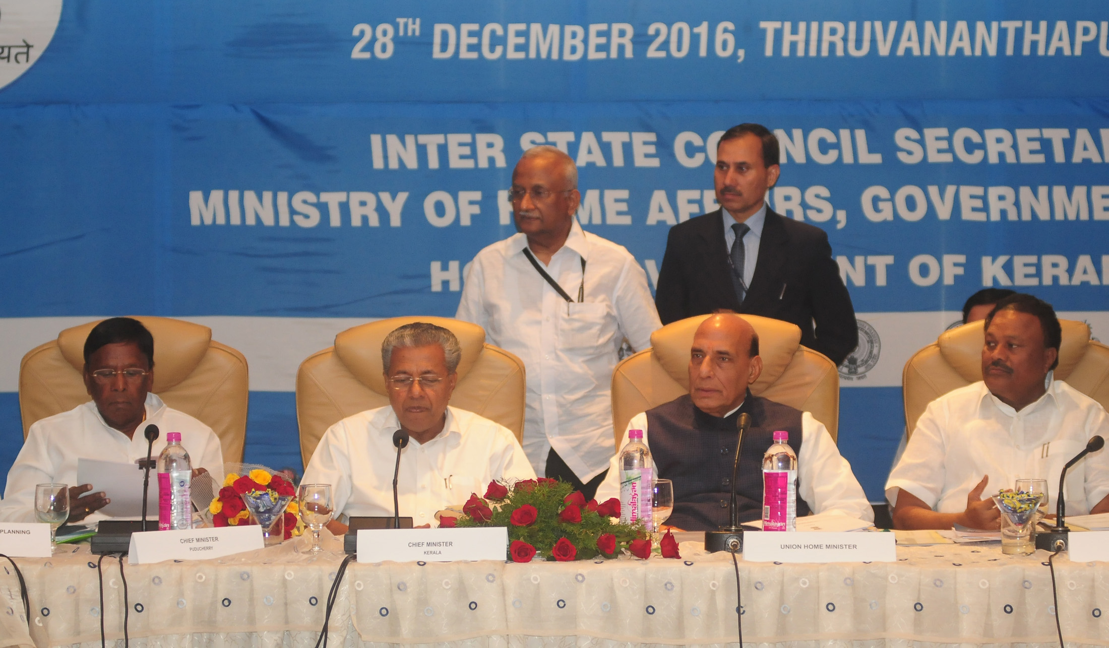 The Union Home Minister, Shri Rajnath Singh chairing the 27th Southern Zonal Council meeting, in Thiruvananthapuram on December 28, 2016. The Chief Minister of Kerala, Shri Pinarayi Vijayan and the Chief Minister of Puducherry, Shri V. Narayanasamy are also seen.