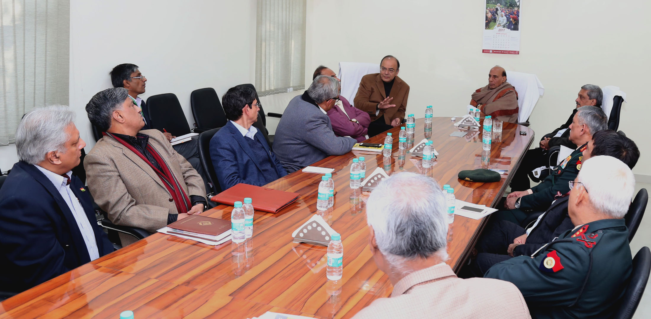 The Union Home Minister, Shri Rajnath Singh chairing the meeting to review the situation in Manipur, in New Delhi on January 15, 2017.  The Union Minister for Finance and Corporate Affairs, Shri Arun Jaitley, the Union Minister for Defence, Shri Manohar Parrikar and other dignitaries are also seen.