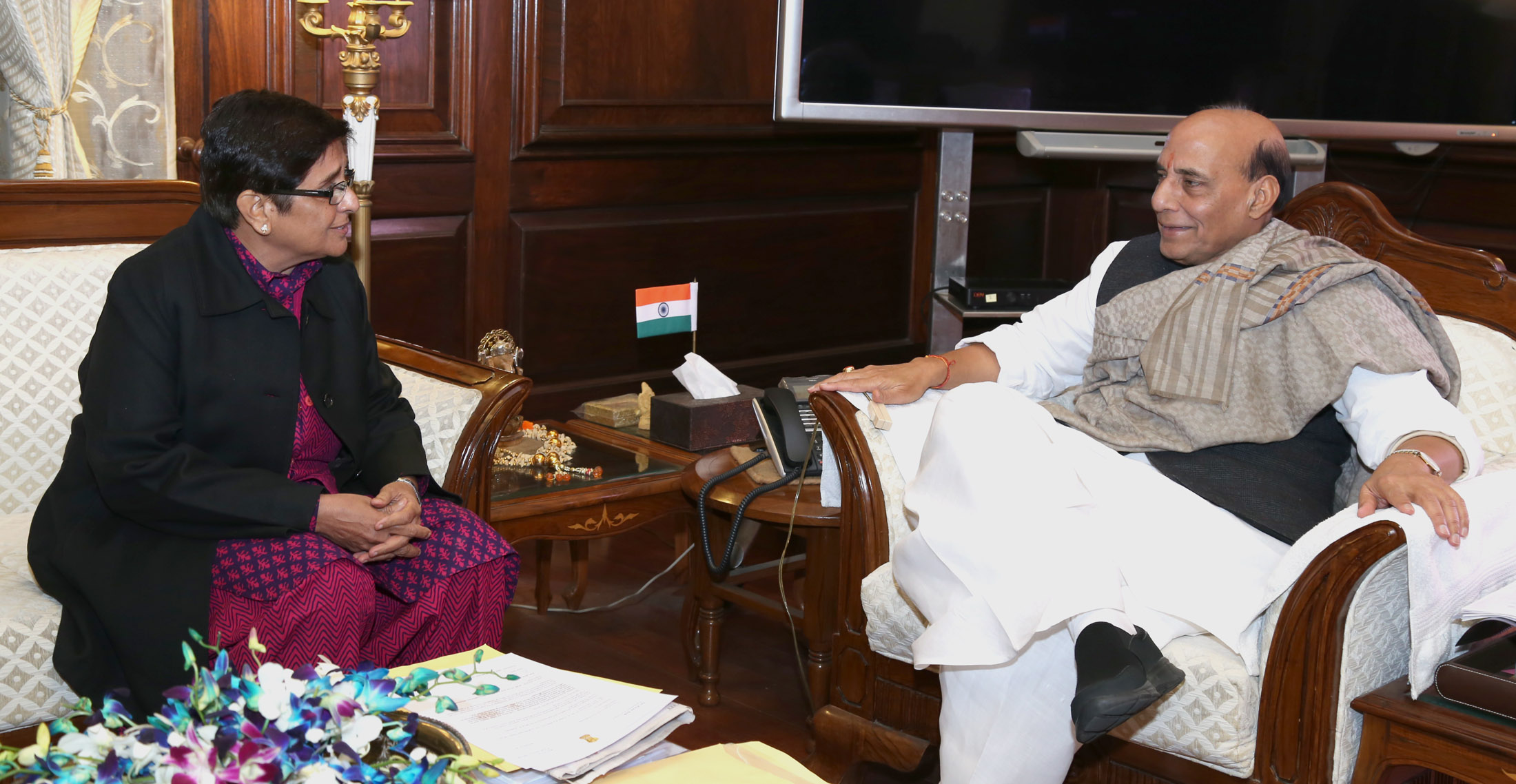 The Lieutenant Governor of Puducherry, Dr. Kiran Bedi calling on the Union Home Minister, Shri Rajnath Singh, in New Delhi on January 20, 2017.