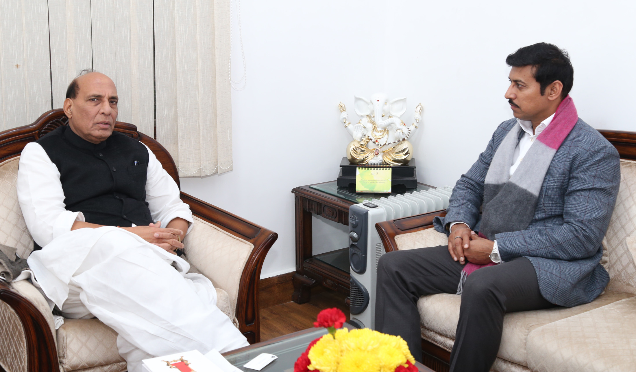 The Minister of State for Information & Broadcasting, Col. Rajyavardhan Singh Rathore calling on the Union Home Minister, Shri Rajnath Singh, in New Delhi on January 03, 2017.