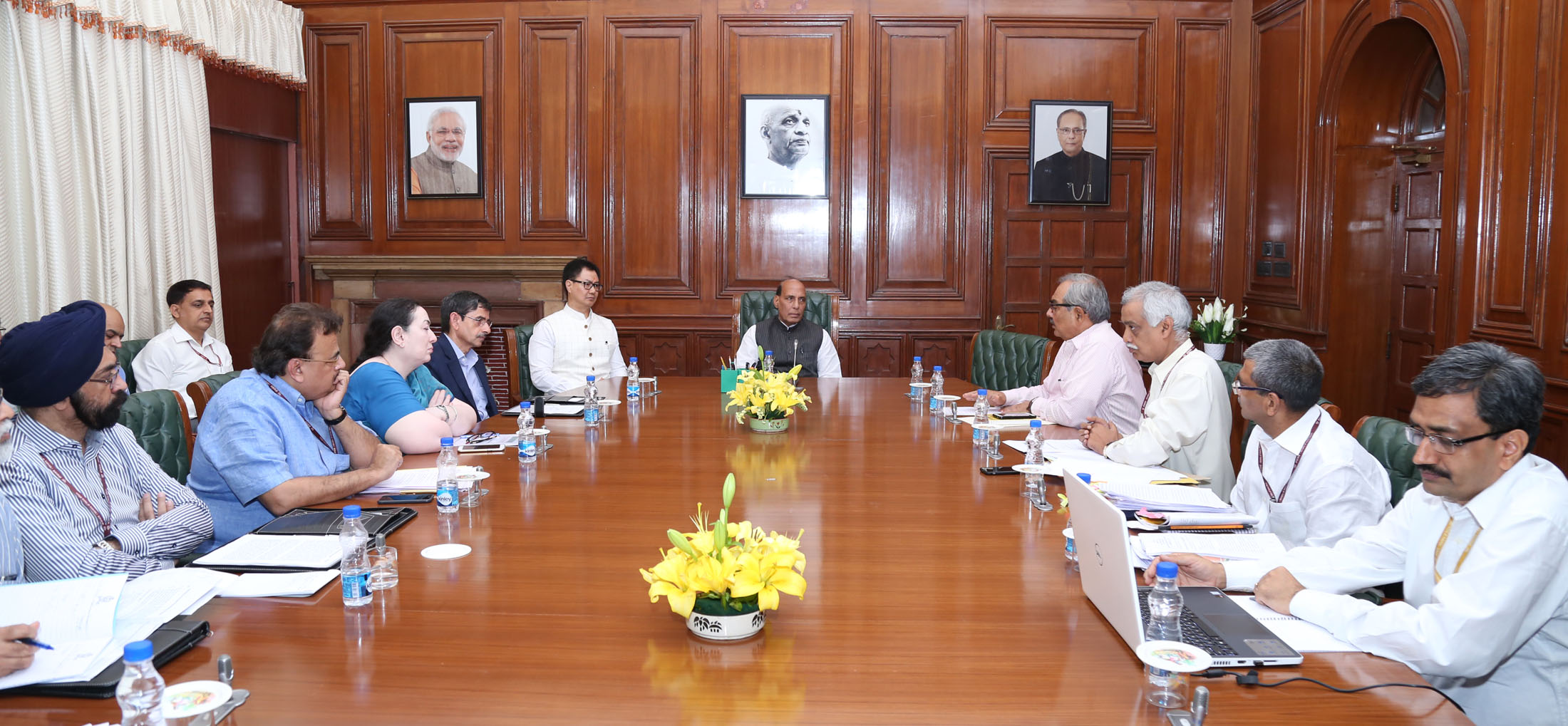 The Union Home Minister, Shri Rajnath Singh chairing a meeting to review the situation in North East, in New Delhi on March 24, 2017. 	The Minister of State for Home Affairs, Shri Kiren Rijiju and senior officers of MHA are also seen.