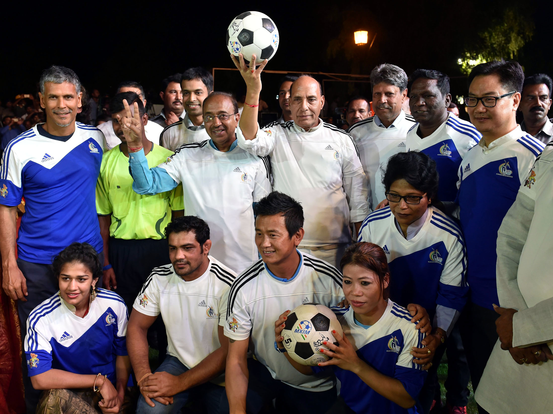 The Union Home Minister, Shri Rajnath Singh at the inauguration of the Curtain Raiser event 'Oorja', a U-19 Football Talent Hunt Tournament , organised by the Central Armed Police Forces and Central Police Organisation, in New Delhi on April 22, 2017.  The Minister of State for Youth Affairs and Sports (I/C), Water Resources, River Development and Ganga Rejuvenation, Shri Vijay Goel, the Minister of State for Home Affairs, Shri Kiren Rijiju and other dignitaries are also seen.