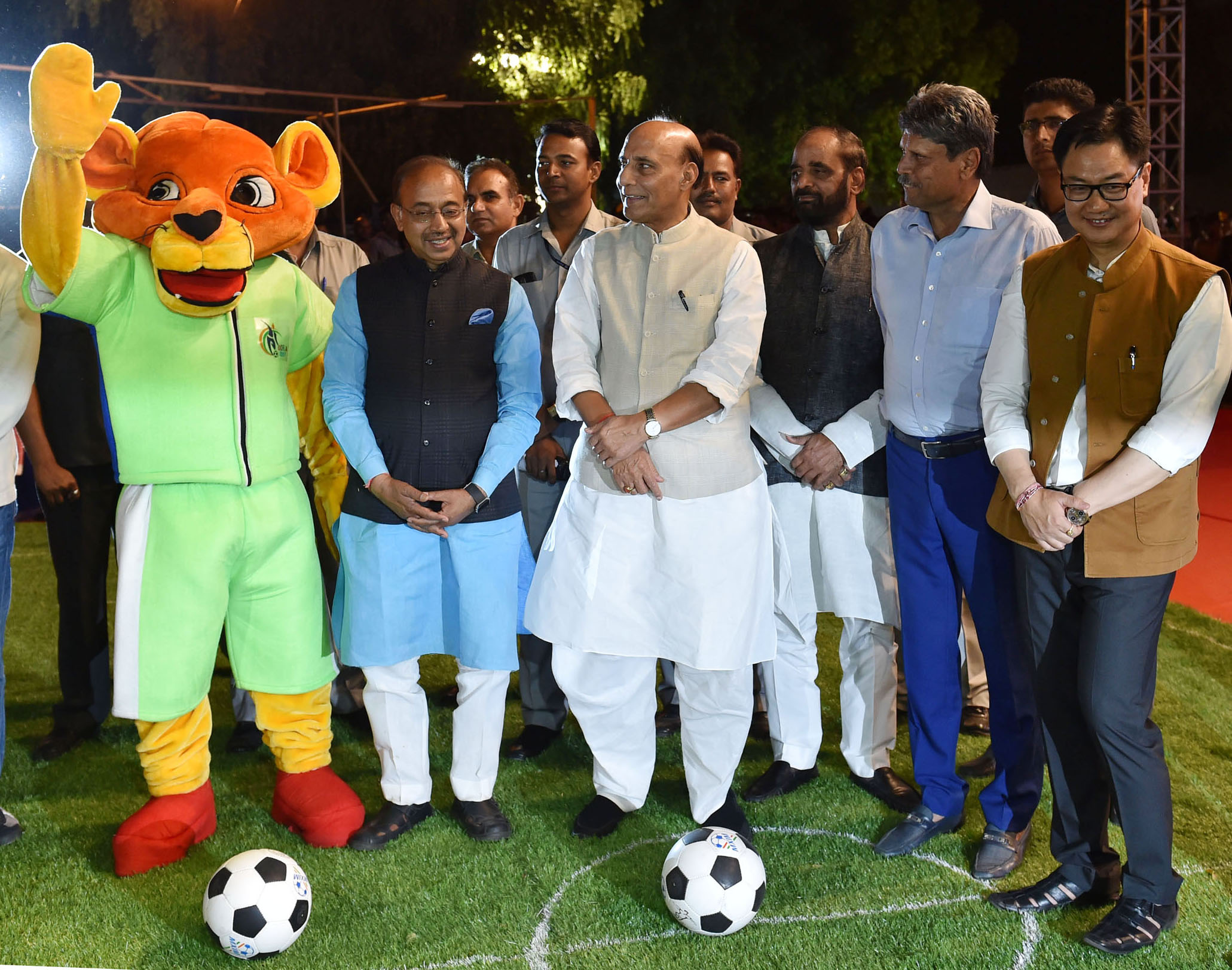 The Union Home Minister, Shri Rajnath Singh at the inauguration of the Curtain Raiser event 'Oorja', a U-19 Football Talent Hunt Tournament , organised by the Central Armed Police Forces and Central Police Organisation, in New Delhi on April 22, 2017.  The Minister of State for Youth Affairs and Sports (I/C), Water Resources, River Development and Ganga Rejuvenation, Shri Vijay Goel, the Minister of State for Home Affairs, Shri Hansraj Gangaram Ahir & Shri Kiren Rijiju and other dignitaries are also seen.