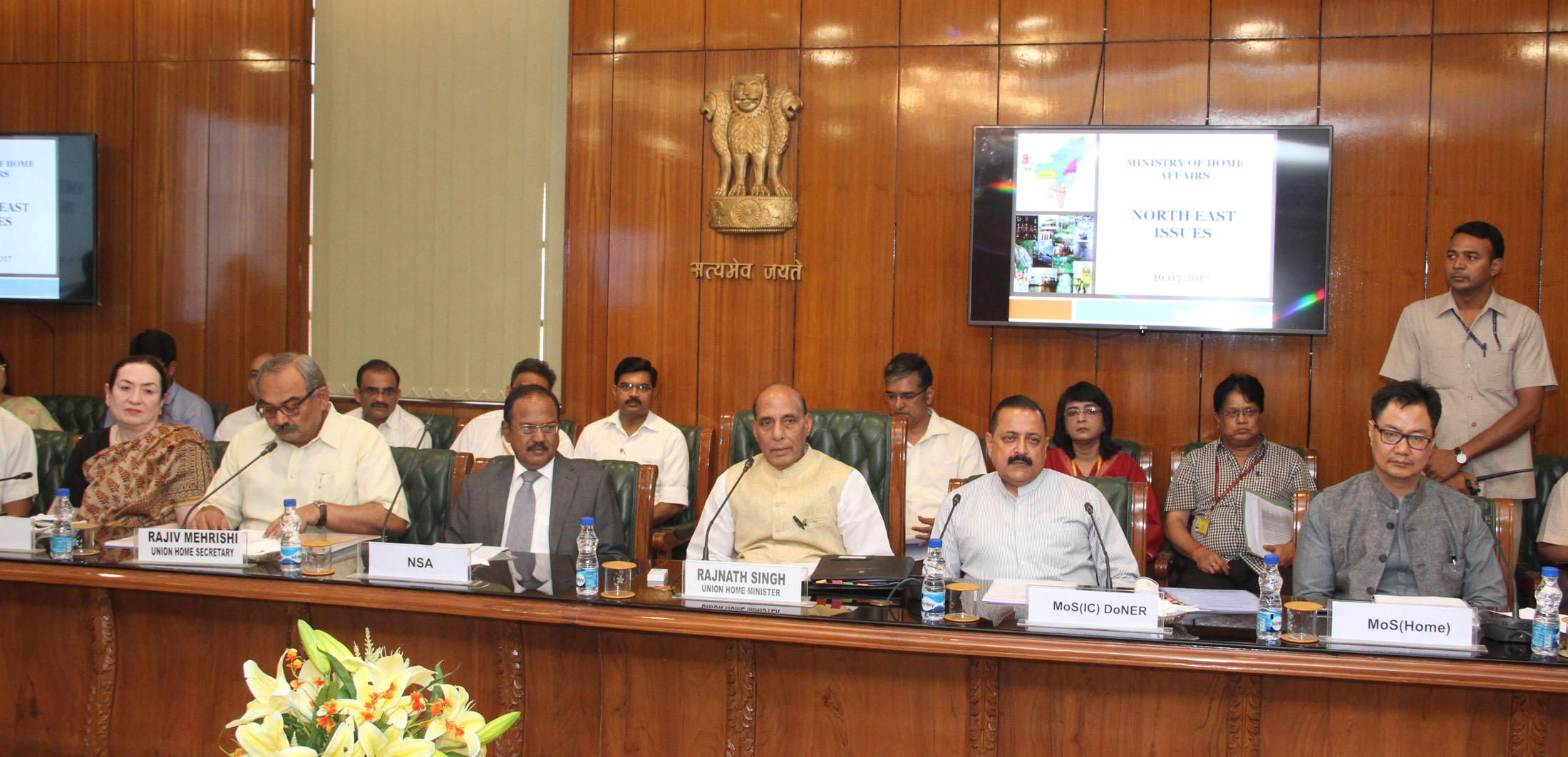 The Union Home Minister, Shri Rajnath Singh chairing the meeting on issues related to North East, in New Delhi on May 16, 2017.  The Minister of State for Development of North Eastern Region (I/C), Prime Ministers Office, Personnel, Public Grievances & Pensions, Atomic Energy and Space, Dr. Jitendra Singh, the Minister of State for Home Affairs, Shri Kiren Rijiju and the National Security Advisor, Shri Ajit Doval and other senior officers are also seen.