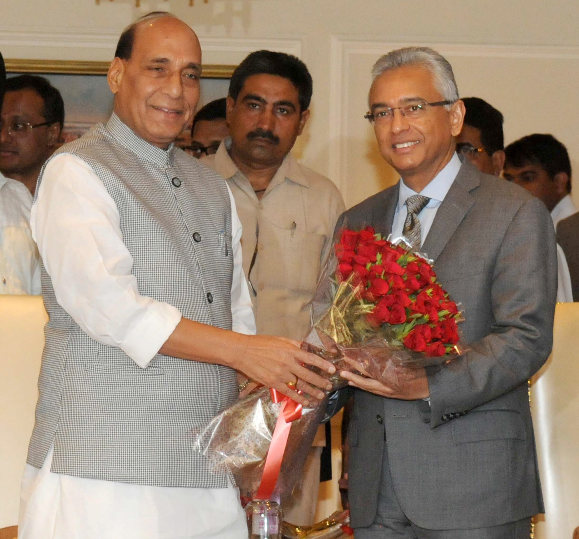 The Union Home Minister, Shri Rajnath Singh meeting the Prime Minister of the Republic of Mauritius, Mr. Pravind Kumar Jugnauth, in New Delhi on May 26, 2017.