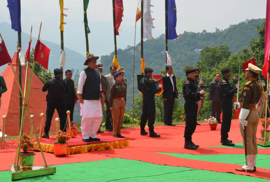 The Union Home Minister, Shri Rajnath Singh taking salute, during his visit to the 36th Batallion Gayzing, in Western District of Sikkim on May 21, 2017.