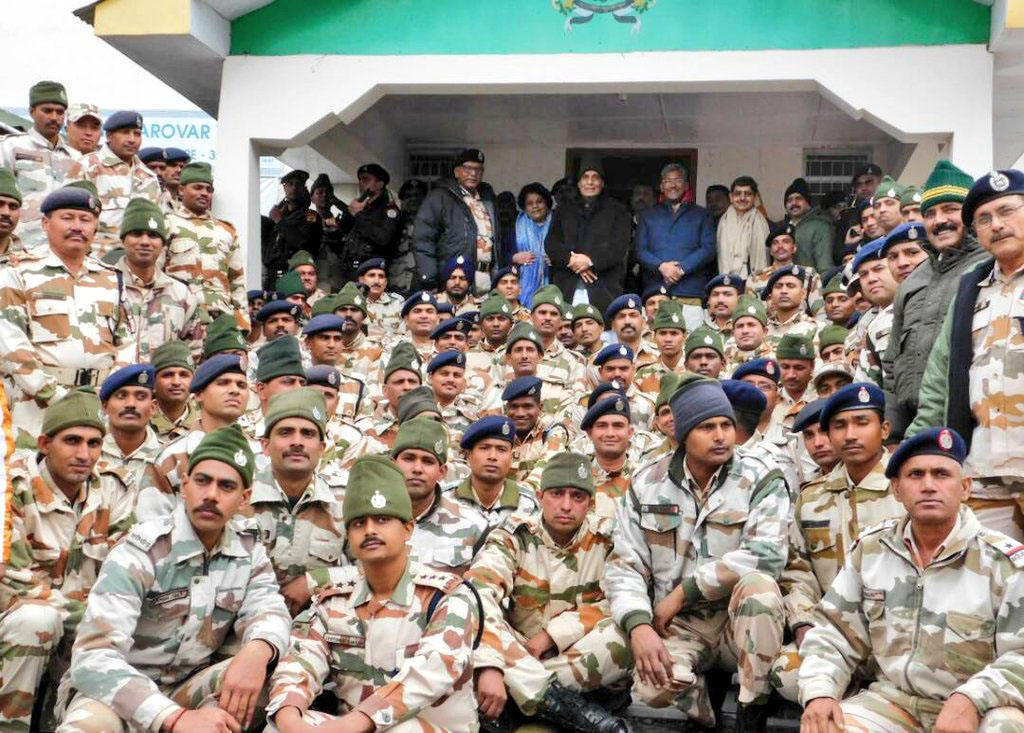 The Union Home Minister, Shri Rajnath Singh with the ITBP personnel, during his visit to ITBP Border Out Post Sherathang near Nathu La, in Sikkim on May 20, 2017.