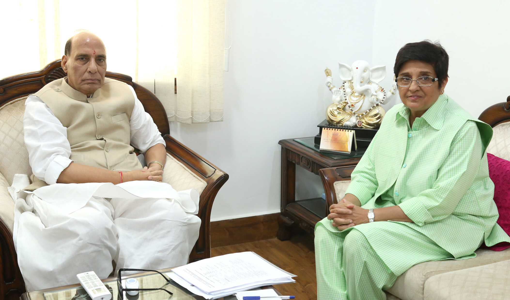 The Lieutenant Governor of Puducherry Dr. Kiran Bedi calling on the Union Home Minister, Shri Rajnath Singh, in New Delhi on May 02, 2017.