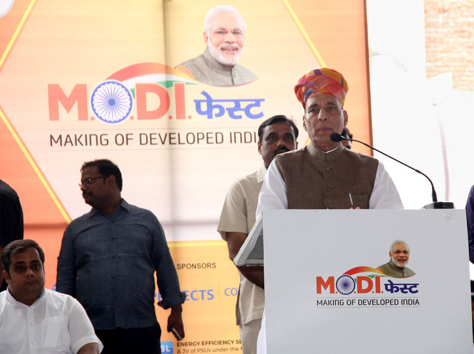 The Union Home Minister, Shri Rajnath Singh addressing the gathering at the inauguration of the MODI FEST (Making of Developed India Festival), at Muhana Mandi, Jaipur on June 09, 2017.