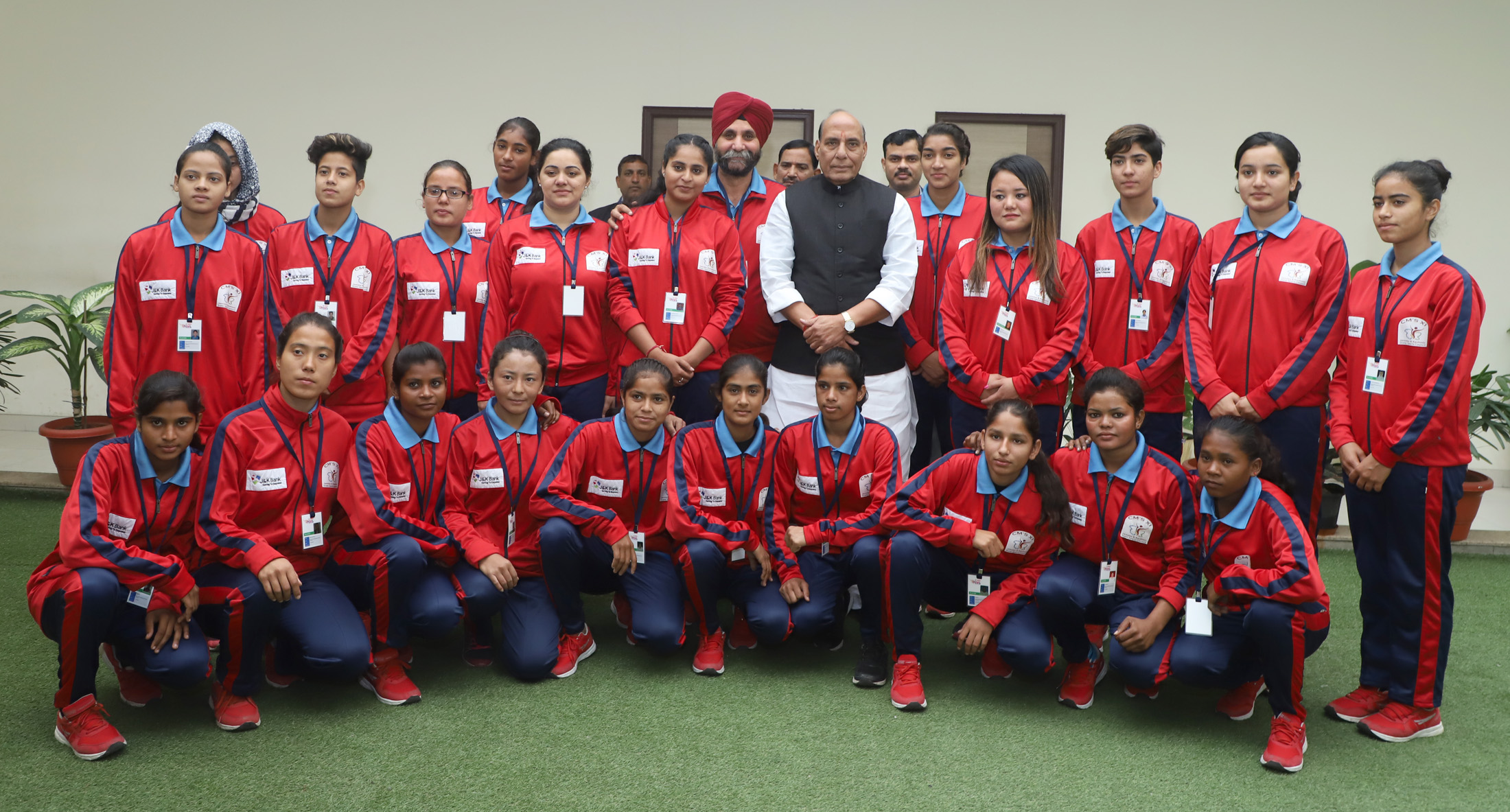 Women Football players from J&K in a group photograph with the Union Home Minister, Shri Rajnath Singh, in New Delhi on December 05, 2017.