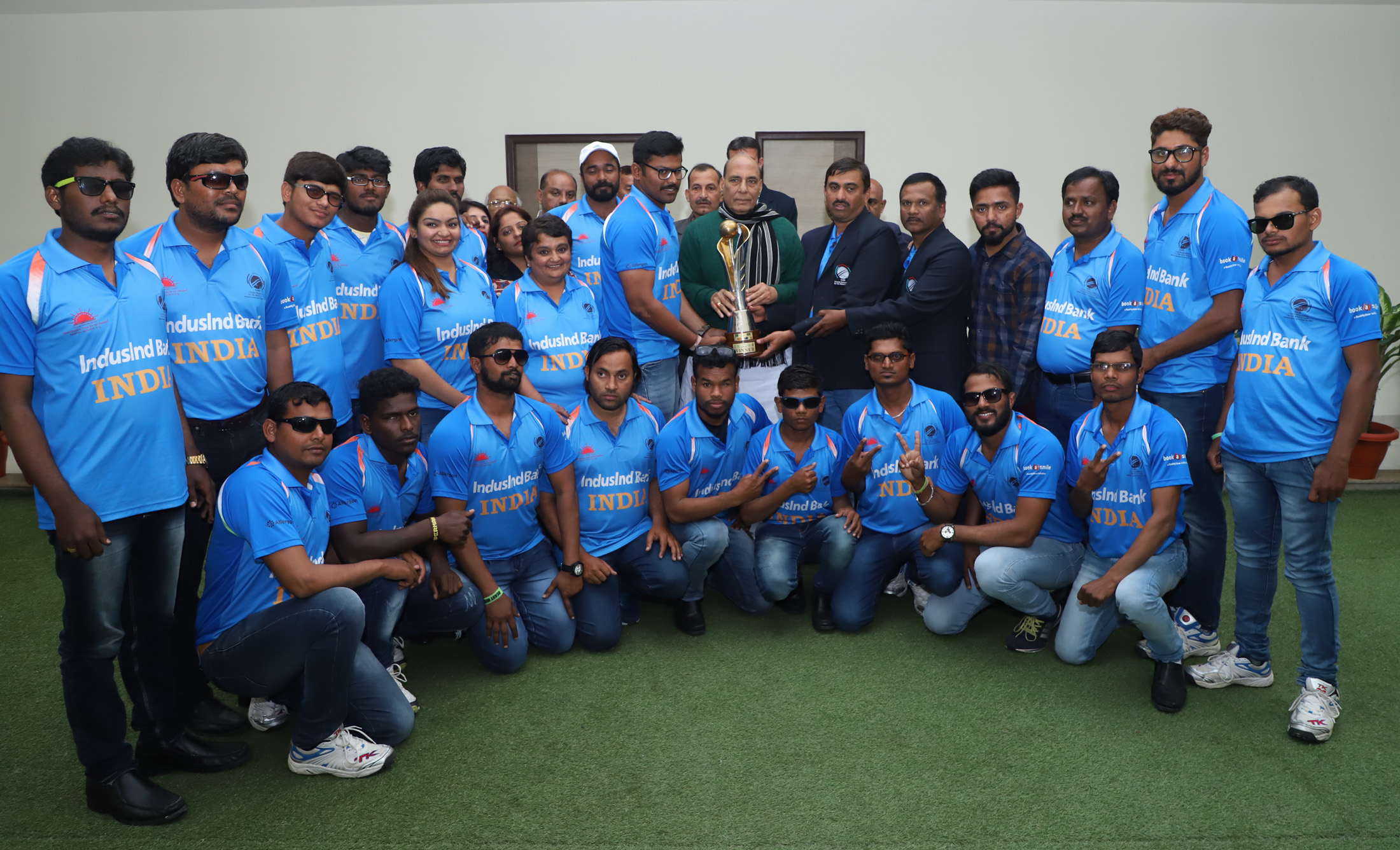 The India team which won the recent 2018 Blind Cricket World Cup in Sharjah, UAE, calling on the Union Home Minister, Shri Rajnath Singh, in New Delhi on January 23, 2018.