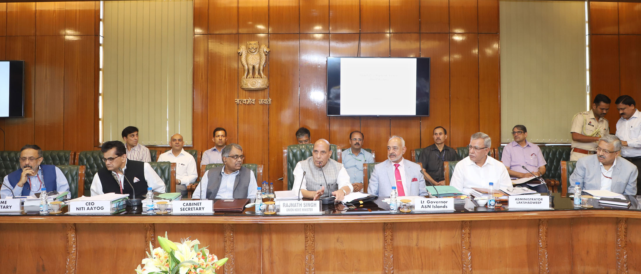 The Union Home Minister, Shri Rajnath Singh reviews the progress of development projects at the third meeting of Island Development Agency (IDA), in New Delhi on April 24, 2018. The Cabinet Secretary, Shri P.K. Sinha, the CEO, NITI Aayog, Shri Amitabh Kant, the Lt. Governor of Andaman & Nicobar Islands, Admiral (Retd), D.K. Joshi, the Union Home Secretary, Shri Rajiv Gauba and the senior officials of Union Ministries and UTs are also seen.