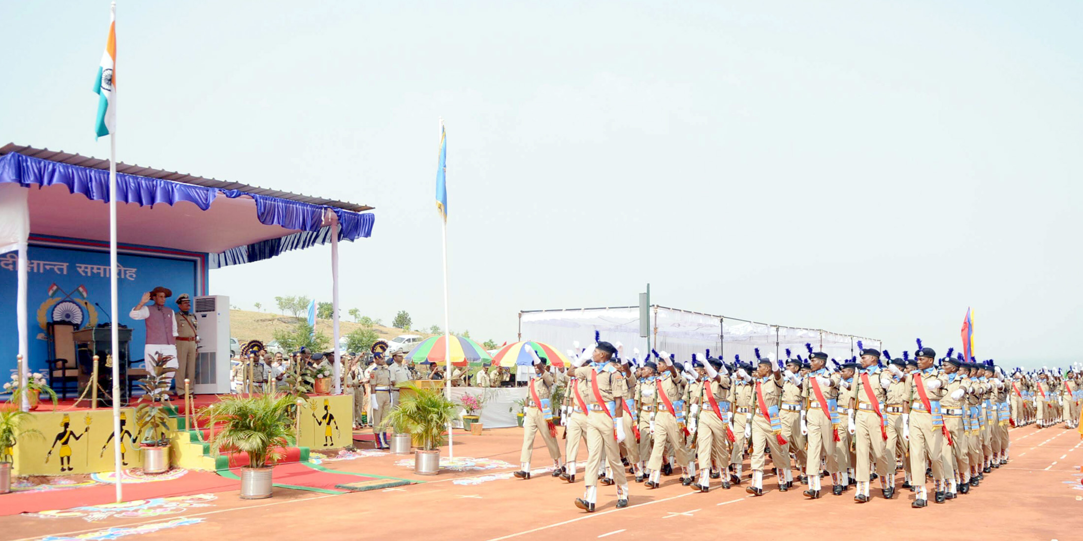 The Union Home Minister, Shri Rajnath Singh taking salute at the Passing Out Parade of the Bastariya Battalion of CRPF, in Ambikapur, in Chhattisgarh on May 21, 2018.