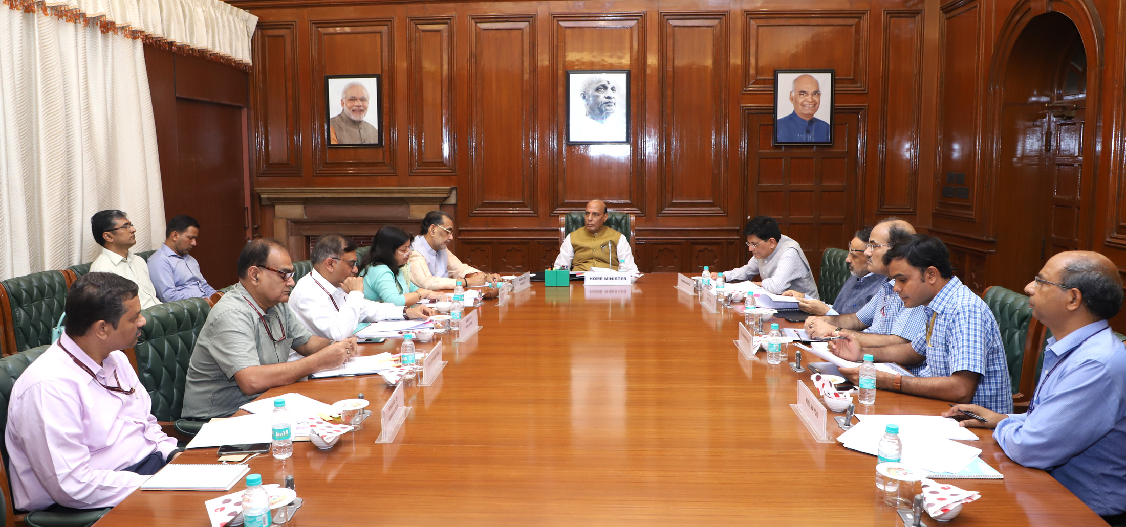 The Union Home Minister, Shri Rajnath Singh chairing a meeting of the High Level Committee (HLC) for Central Assistance to the states of Andhra Pradesh, Arunachal Pradesh and Nagaland, in New Delhi on June 29, 2018. The Union Minister for Agriculture and Farmers Welfare, Shri Radha Mohan Singh, the Union Minister for Railways, Coal, Finance and Corporate Affairs, Shri Piyush Goyal, the Union Home Secretary, Shri Rajiv Gauba and senior officers of the Ministries of Home Affairs, Finance and Agriculture and NITI Aayog are also seen.