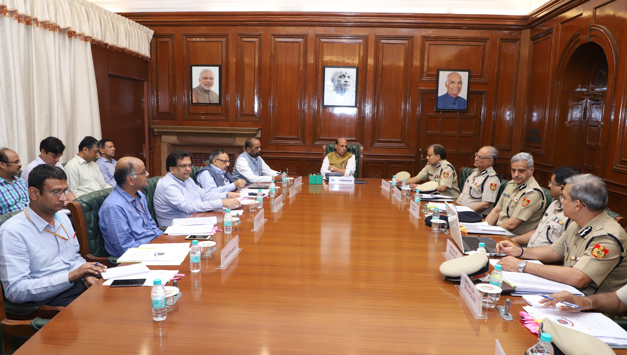 The Union Home Minister, Shri Rajnath Singh chairing a review meeting of the Delhi Police, in New Delhi on June 29, 2018. The Minister of State for Home Affairs, Shri Hansraj Gangaram Ahir, the Union Home Secretary, Shri Rajiv Gauba and the Delhi Police Commissioner, Shri Amulya Patnaik and senior officers are also seen.