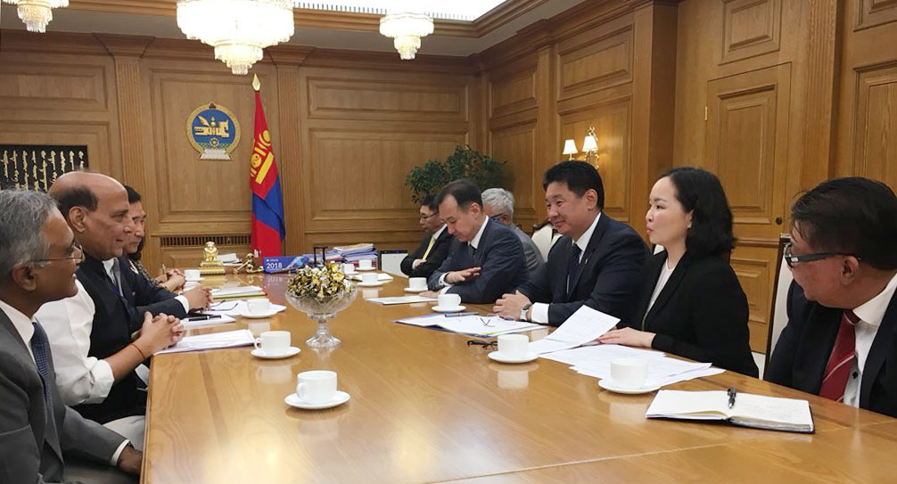 The Union Home Minister, Shri Rajnath Singh holding delegation level talks with the Prime Minister of Mongolia, Mr. Ukhnaagin Khurelsukh, in Ulaanbaatar on June 22, 2018.