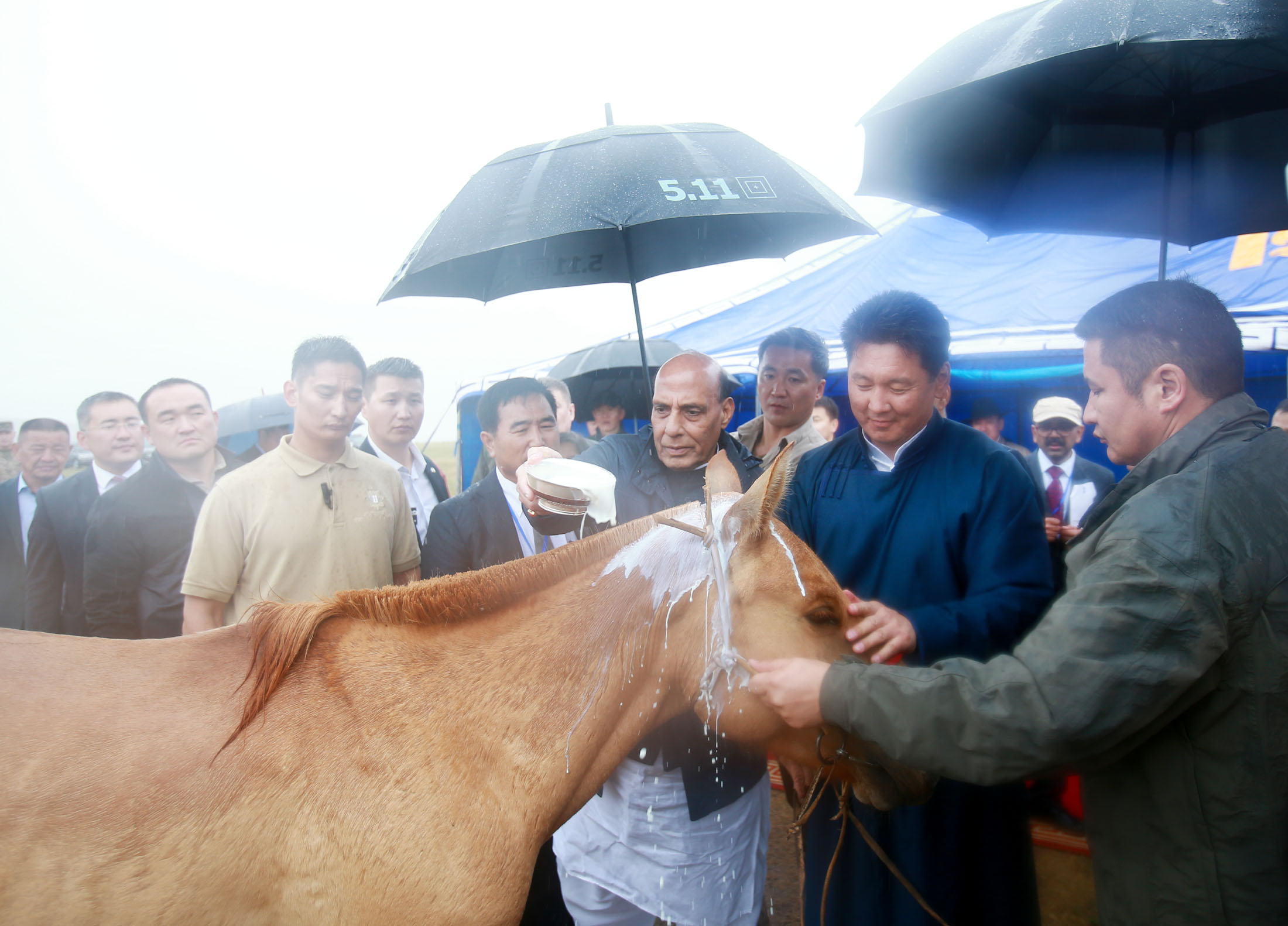 The Prime Minister of Mongolia, Mr. Ukhnaagin Khurelsukh presenting a horse to Shri Rajnath Singh, while honouring him on his maiden visit to the country, at Ulaanbaatar on June 23, 2018