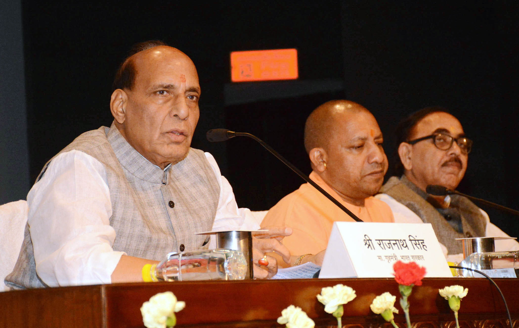 The Union Home Minister, Shri Rajnath Singh addressing a press conference, in Lucknow, Uttar Pradesh on May 29, 2018.  The Chief Minister of Uttar Pradesh, Yogi Adityanath and is also seen.