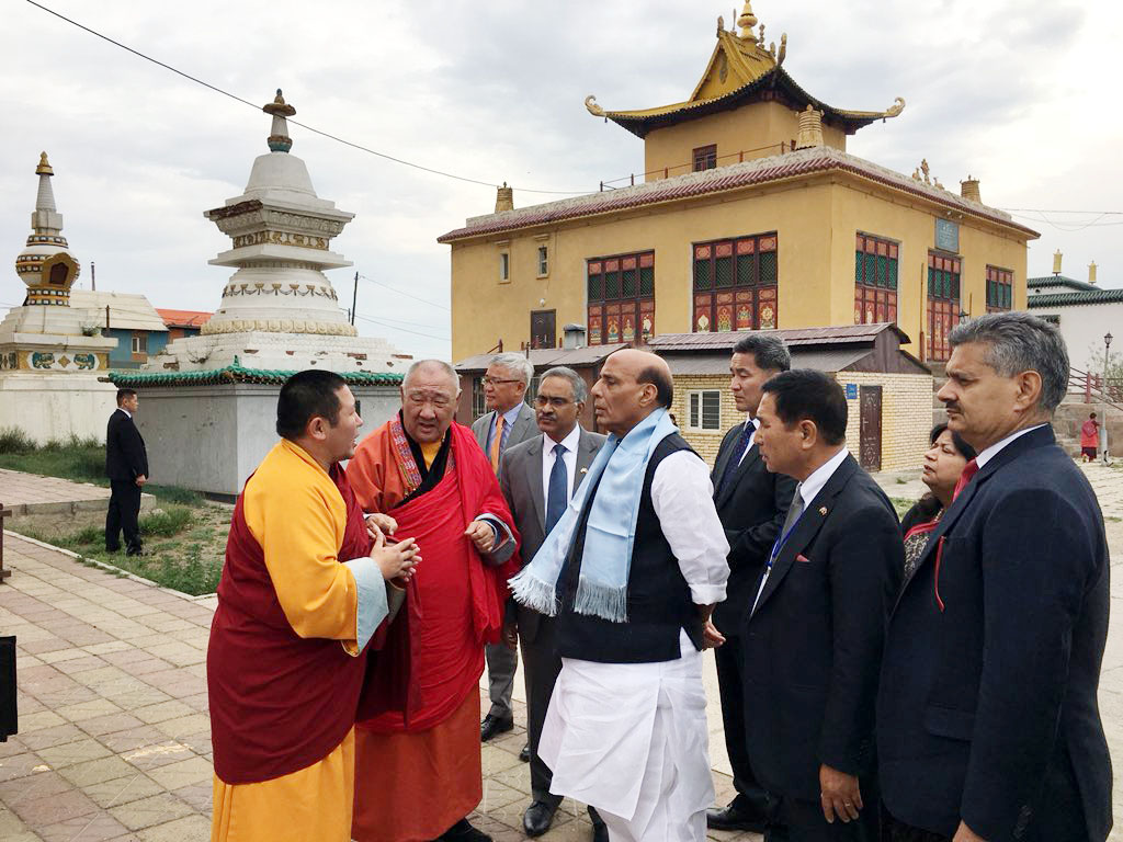 The Union Home Minister, Shri Rajnath Singh visiting the Gandantsegchinlen Monastery, in Ulaanbaatar, Mongolia on June 24, 2018.