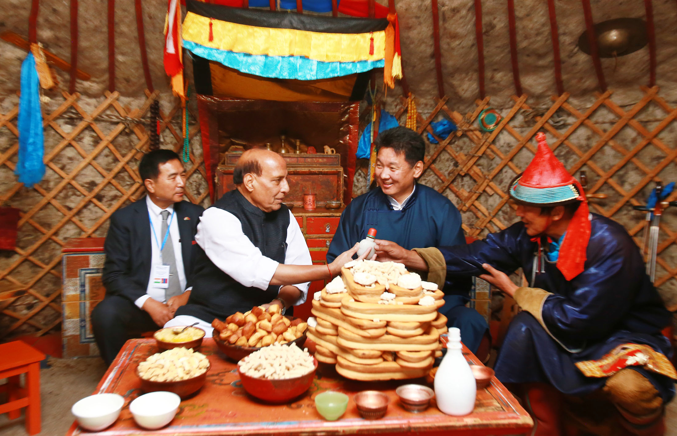 The Union Home Minister, Shri Rajnath Singh visiting the ‘Ger’ of a Nomadic Tribe family, in Mongolia on June 23, 2018. The Prime Minister of Mongolia, Mr. Ukhnaagin Khurelsukh is also seen.