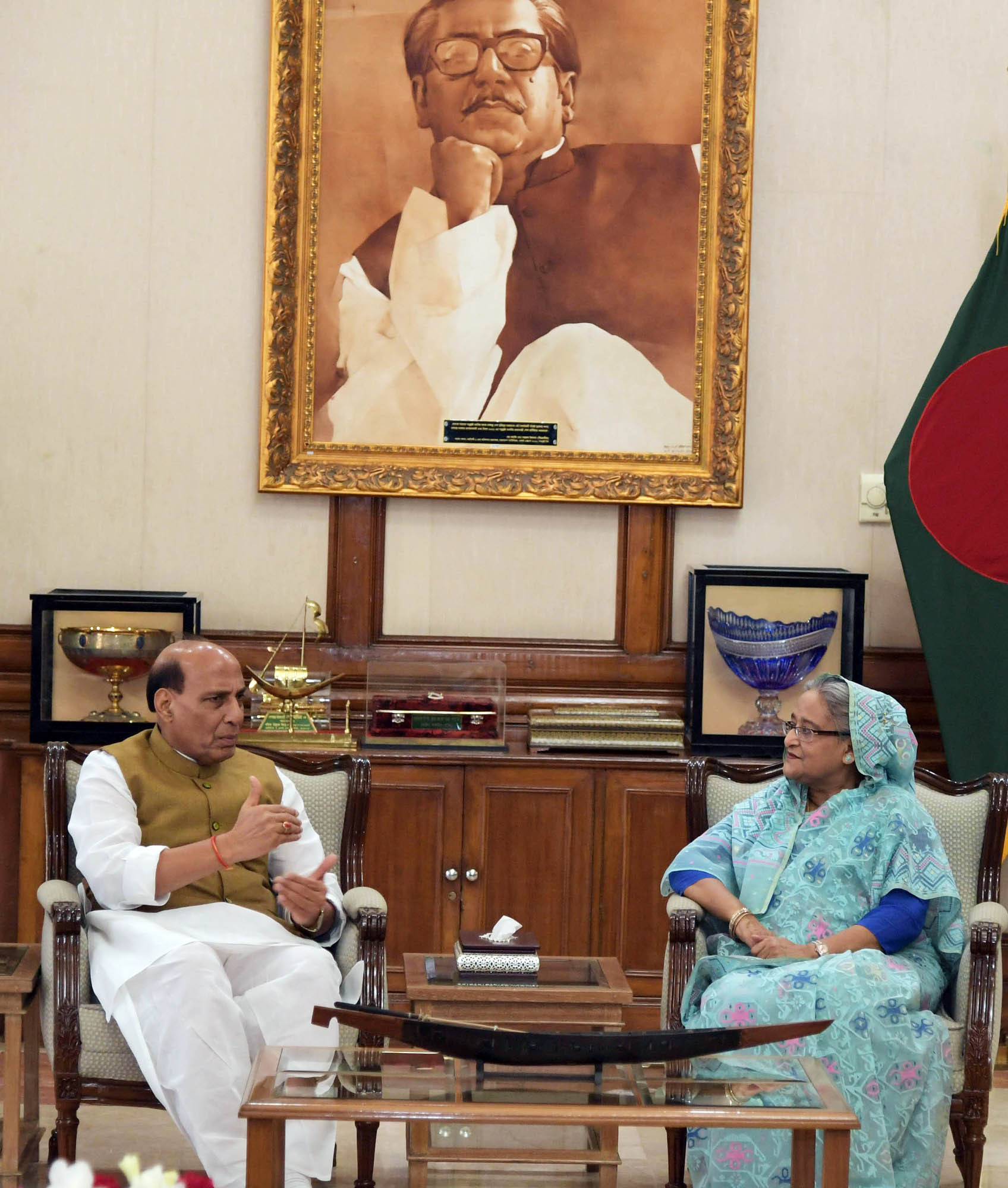 The Union Home Minister, Shri Rajnath Singh calling on the Prime Minister of Bangladesh, Ms. Sheikh Hasina, in Dhaka, Bangladesh on July 14, 2018.