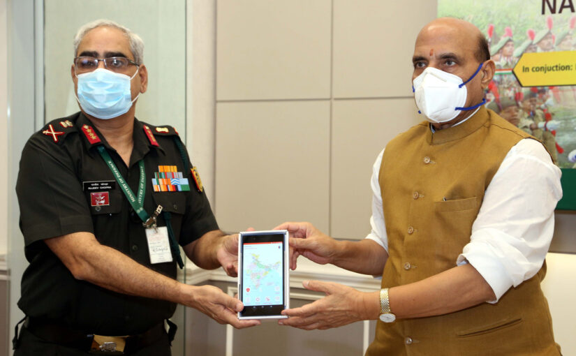 The Union Minister for Defence, Shri Rajnath Singh launching the DGNCC Mobile Training App for the benefit of National Cadet Corps cadets to help train themselves during COVID-19 times, in New Delhi on August 27, 2020.
