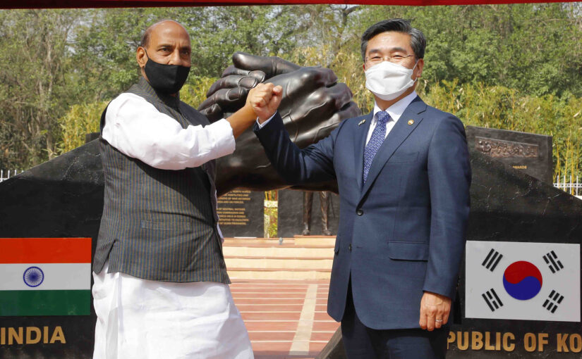 The Union Minister for Defence, Shri Rajnath Singh and the Minister of National Defence, Republic of Korea, Mr. Suh Wook jointly inaugurates the India-Korea Friendship Park, at Delhi Cantonment, in New Delhi on March 26, 2021.
