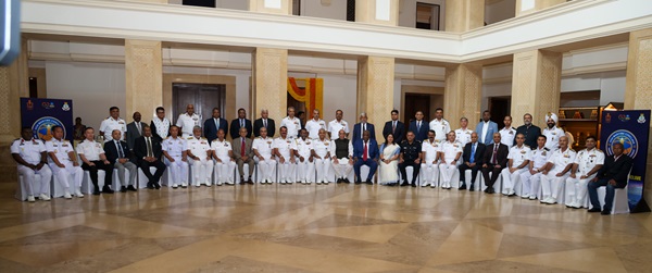 Raksha Mantri Shri Rajnath Singh with Delegate in Charge of Defence, Comoros Mr Mohamed Ali Youssoufa and Chiefs of Navies/Heads of Maritime Forces/Senior representatives of other Indian Ocean nations participating in fourth edition of Goa Maritime Conclave on October 30, 2023. Also seen are Minister of State for External Affairs Smt Meenakashi Lekhi and Chief of the Naval Staff Admiral R Hari Kumar.