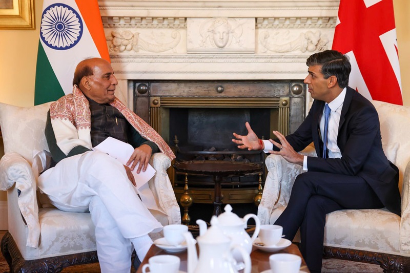 The Union Minister for Defence, Shri Rajnath Singh meets with UK Prime Minister, Mr Rishi Sunak at London, in United Kingdom on January 10, 2024.