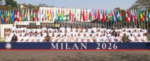 The Union Minister for Defence, Shri Rajnath Singh in a group photograph during the inaugural ceremony of Exercise MILAN at Visakhapatnam, in Andhra Pradesh on February 19, 2026.
