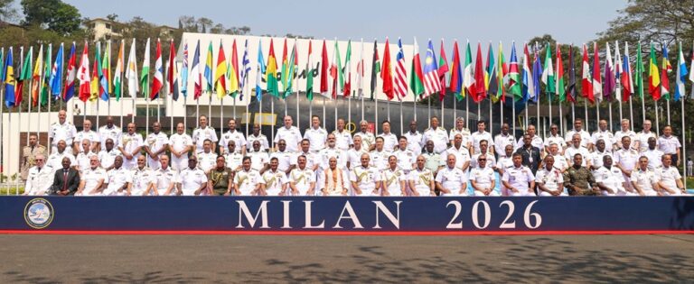 The Union Minister for Defence, Shri Rajnath Singh in a group photograph during the inaugural ceremony of Exercise MILAN at Visakhapatnam, in Andhra Pradesh on February 19, 2026.