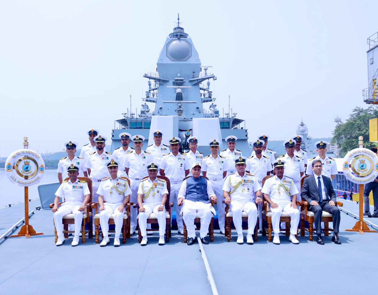 The Union Minister for Defence, Shri Rajnath Singh in a group photograph at the commissioning ceremony of INS Mahendragiri in Visakhapatnam, Andhra Pradesh on July 11, 2026.